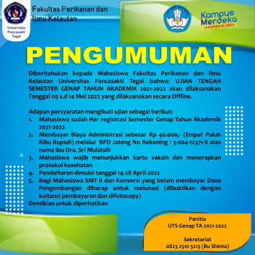 Pengumuman Ujian Tengah Semester Genap TA 2021/2022 FPIK